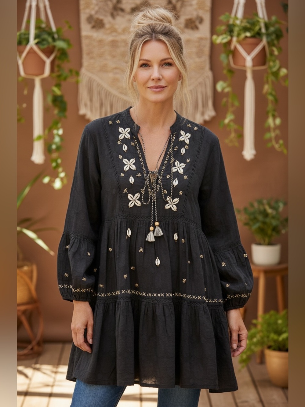 POL Tunic Dress with elaborate embroidery with real seashells.